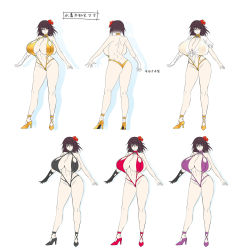 Rule 34 | 1girl, alternate color, aoi nagisa (metalder), areola slip, ass, backboob, bare shoulders, black one-piece swimsuit, blush, breasts, brown hair, butt crack, character sheet, curvy, female focus, highleg, highleg swimsuit, highres, huge ass, huge breasts, lilith-soft, looking at viewer, mature female, mizuki shiranui, multiple views, nipples, official art, one-piece swimsuit, open mouth, purple one-piece swimsuit, red eyes, red one-piece swimsuit, ribbon, shirt, simple background, slingshot swimsuit, swimsuit, taimanin (series), taimanin rpgx, taimanin yukikaze, thighs, translation request, white background, wide hips, yellow one-piece swimsuit