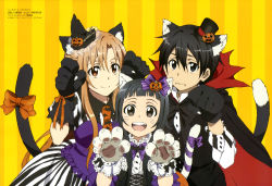 Rule 34 | 10s, 1boy, 2girls, absurdres, animal ears, animal hands, asuna (sao), black eyes, black hair, bow, brown eyes, brown hair, cape, gloves, hair bow, halloween, hat, highres, kawatsuma tomomi, kirito, long hair, megami deluxe, megami magazine, multiple girls, official art, open mouth, paw gloves, paw pose, scan, short hair, smile, sword art online, tail, top hat, very long hair, witch hat, yui (sao)