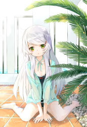 Rule 34 | 1girl, black one-piece swimsuit, breasts, casual one-piece swimsuit, cleavage, collarbone, green eyes, hair ornament, indoors, long hair, looking at viewer, one-piece swimsuit, original, silver hair, sitting, small breasts, solo, swimsuit, tama (05728)
