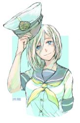 Rule 34 | 1girl, anchor symbol, arm up, artist name, blush, border, breasts, buttons, closed eyes, commentary, hair between eyes, hair ornament, hairclip, hamakaze (kancolle), hat, hat tip, highres, holding, holding clothes, holding hat, kantai collection, looking at viewer, military hat, peaked cap, school uniform, serafuku, short hair, short sleeves, smile, solo, translated, unworn hat, unworn headwear, upper body, white border, yamada rei (rou), yellow neckwear
