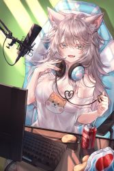 Rule 34 | 1girl, absurdres, animal ear fluff, animal ears, blue eyes, blush, bra, breasts, can, chair, commentary request, drink can, drinking straw, fangs, food, gaming chair, hair between eyes, headphones, headphones around neck, highres, indoors, keyboard (computer), kithera, korean commentary, large breasts, long hair, looking at viewer, microphone, monitor, off shoulder, on chair, open mouth, original, pink bra, shirt, short sleeves, silver hair, sitting, soda can, solo, swivel chair, underwear, white shirt