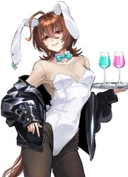 Rule 34 | 1girl, absurdres, agnes tachyon (umamusume), ahoge, alternate costume, animal ears, bad id, bad twitter id, black jacket, black pantyhose, bow, bowtie, breasts, brown hair, brown shirt, cowboy shot, cup, detached collar, drinking glass, fake animal ears, half-closed eyes, highres, holding, holding tray, horse tail, jacket, leotard, long sleeves, looking at viewer, medium hair, nayuta ggg, off shoulder, orange eyes, pantyhose, rabbit ears, shirt, simple background, small breasts, smile, solo, tail, tray, umamusume, white background, white leotard, wine glass