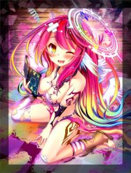Rule 34 | 1girl, angel wings, arm support, asymmetrical legwear, blush, book, breasts, commentary request, spiked halo, crop top, drooling, feathered wings, gloves, gradient eyes, gradient hair, halo, holding, holding book, jibril (no game no life), kimikimi, large breasts, long hair, low wings, magic circle, midriff, mismatched legwear, multicolored eyes, multicolored hair, no game no life, one eye closed, open mouth, orange eyes, pink hair, shoes, sideboob, single shoe, sitting, solo, tattoo, torn clothes, very long hair, wariza, white wings, wing ears, wings, yellow eyes