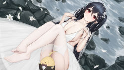 Rule 34 | &gt; &lt;, 1girl, absurdres, azur lane, black hair, breasts, center opening, cleavage, cocktail dress, dress, evening gown, flower, full body, garter straps, hair strand, highres, large breasts, long hair, manjuu (azur lane), official alternate costume, plunging neckline, red eyes, rock, satin dress, sleeveless, sleeveless dress, solo, taihou (azur lane), taihou (temptation on the sea breeze) (azur lane), thighhighs, thighs, very long hair, wedding dress, white flower, white garter straps, white thighhighs, yu (want rou nai zi)