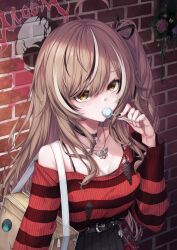 Rule 34 | 1girl, absurdres, ahoge, bag, belt, belt chain, black choker, black ribbon, black skirt, black sweater, brick wall, brown eyes, brown hair, candy, chain necklace, choker, dincat, emo fashion, feathers, flower, food, friend (nanashi mumei), from above, hair over one eye, hair ribbon, highres, holding, holding candy, holding food, holding lollipop, hololive, hololive english, jewelry, lace-trimmed choker, lace trim, lollipop, long hair, looking at viewer, multicolored hair, nanashi mumei, nanashi mumei (emo), necklace, nightmare (nanashi mumei), objectification, one side up, plaid, plaid skirt, pleated skirt, red skirt, red sweater, ribbon, shoulder bag, skirt, spaghetti strap, splatter, streaked hair, striped clothes, striped sweater, sweater, sweater tucked in, torn clothes, torn sweater, two-tone sweater, very long hair, virtual youtuber