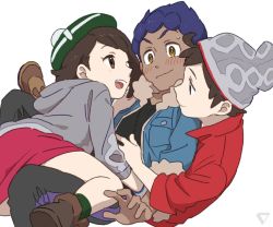 Rule 34 | 1girl, 2boys, beanie, bisexual male, blush, boy and girl sandwich, brown eyes, brown hair, cardigan, creatures (company), dark-skinned male, dark skin, game freak, gloria (pokemon), grey cardigan, grey headwear, hat, holding, hop (pokemon), long sleeves, looking at another, multiple boys, nintendo, open mouth, pokemon, pokemon swsh, red shirt, sandwiched, sankaku, shirt, simple background, skirt, smile, tam o&#039; shanter, victor (pokemon), white background, yellow eyes