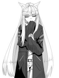 1girl animal_ear_fluff animal_ears arknights belt belt_buckle buckle coat commentary_request cosplay covered_mouth covering_own_mouth cowboy_shot doctor_(arknights) doctor_(arknights)_(cosplay) greyscale hatching_(texture) highres kyouno_(echo_field) linear_hatching long_hair monochrome open_clothes open_coat oversized_clothes platinum_(arknights) simple_background sleeves_past_fingers sleeves_past_wrists solo standing very_long_hair white_background