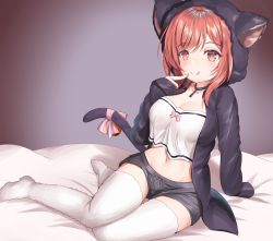 Rule 34 | 1girl, :q, animal ears, animal hood, azur lane, bed sheet, black jacket, blush, breasts, camisole, cat ears, cat girl, cat hood, cat tail, cleavage, collarbone, commentary request, crop top, crop top overhang, finger to own chin, full body, grey background, grey choker, grey shorts, groin, hair between eyes, highres, hood, hood up, hooded jacket, i-19 (azur lane), i-19 (pillowy paradise) (azur lane), ichiyo tsuyu (glacia glagla), jacket, large breasts, long hair, long sleeves, looking at viewer, loungewear, midriff, navel, on bed, open clothes, open jacket, red eyes, red hair, ribbon, shadow, shorts, sidelocks, simple background, sitting, sleeves past fingers, sleeves past wrists, smile, solo, tail, tail ornament, tail ribbon, thighhighs, tongue, tongue out, white camisole, white thighhighs, yokozuwari