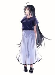 Rule 34 | 1girl, ahoge, black hair, blouse, blue eyes, blue shirt, commentary request, dress, full body, hair down, kako (kancolle), kantai collection, long hair, long skirt, looking to the side, official alternate costume, pleated dress, satsumi, shirt, simple background, skirt, solo, standing, walking, white background, white skirt
