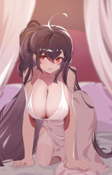 Rule 34 | 1girl, absurdres, all fours, ankh man, azur lane, black hair, blurry, blurry background, breasts, center opening, cleavage, cocktail dress, dress, evening gown, garter straps, hair between eyes, hair strand, highres, large breasts, long hair, looking at viewer, official alternate costume, one side up, plunging neckline, red eyes, sagging breasts, satin dress, sleeveless, sleeveless dress, solo, taihou (azur lane), taihou (temptation on the sea breeze) (azur lane), thighhighs, very long hair, wedding dress, white dress, white thighhighs
