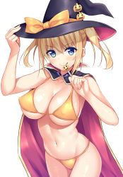 Rule 34 | &gt;:), 1girl, adjusting clothes, adjusting headwear, aikawa tatsuki, bikini, blonde hair, blue eyes, breasts, cape, cleavage, collarbone, covered erect nipples, cowboy shot, halloween, hat, large breasts, long hair, looking at viewer, navel, original, shiny skin, simple background, skindentation, solo, stomach, swimsuit, thighs, twintails, underboob, white background, witch hat, yellow bikini