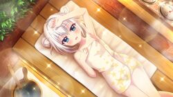 Rule 34 | 1girl, armpits, blue eyes, blush, brick wall, bucket, collarbone, dot nose, double bun, film grain, from above, game cg, gauge, hair bun, hand on own chest, hand on own head, hot, indoors, izumi tsubasu, lens flare, lying, naked towel, nishidate haku, non-web source, official art, on back, on bench, open mouth, plant, print towel, re:stage!, sauna, short hair, solo, sparkle, star (symbol), star print, steam, sweat, towel, very sweaty, white hair, white towel