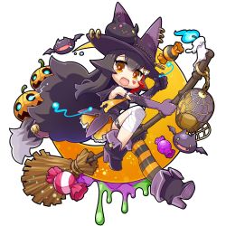 Rule 34 | 1girl, animal ears, bandaged leg, bandages, bare shoulders, bat (animal), bibi (tokoyami towa), black dress, black hair, breasts, broom, broom riding, cage, candle, candy, chibi, commentary request, crescent moon, dress, elbow gloves, facial tattoo, fangs, food, gloves, hair between eyes, hair ornament, hairclip, hat, heart, heart tattoo, highres, holding, holding clothes, holding hat, hololive, kaerun, knee up, long hair, looking at viewer, medium breasts, moon, multicolored hair, ookami mio, open mouth, orange eyes, pumpkin, red hair, sidelocks, simple background, single thighhigh, solo, symbol-shaped pupils, tail, tail wrap, tattoo, thigh strap, thighhighs, two-tone hair, virtual youtuber, white background, witch hat, wolf ears, wolf girl, wolf tail