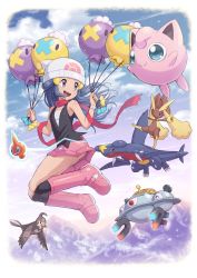 Rule 34 | 1girl, absurdres, alternate color, ass, beanie, black socks, blue hair, blush, boots, border, creatures (company), dawn (pokemon), drifloon, game freak, garchomp, gen 1 pokemon, gen 4 pokemon, hair ornament, hairclip, hat, highres, holding, jigglypuff, kneehighs, long hair, lopunny, magnezone, mountain, nintendo, no panties, open mouth, outdoors, pink footwear, pink skirt, pokemoa, pokemon, pokemon (creature), pokemon dppt, purple eyes, rotom, rotom (normal), scarf, shiny and normal, shiny pokemon, skirt, sleeveless, socks, staravia, thighs, white border, white headwear