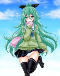 Rule 34 | 10s, 1girl, alternate costume, black thighhighs, blue sky, blurry, blush, c:, cameltoe, closed mouth, clothes lift, cloud, cloudy sky, commentary request, day, depth of field, flying sweatdrops, gradient background, green eyes, green hair, hair between eyes, hair ornament, hair ribbon, hairclip, happy, kantai collection, long sleeves, looking at viewer, outdoors, panties, pantyshot, pleated skirt, ribbon, scarf, school uniform, serafuku, shiny clothes, shiny skin, shoes, skirt, sky, sleeves past wrists, smile, solo, standing, standing on one leg, sweater, tachibana hiroki, thighhighs, underwear, white panties, yamakaze (kancolle), zettai ryouiki