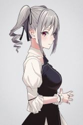 Rule 34 | 1girl, alt text, blush, breasts, detached collar, drill hair, ear blush, full-face blush, grey background, grey hair, highres, idolmaster, idolmaster cinderella girls, kanzaki ranko, looking at viewer, looking to the side, medium breasts, neck ribbon, own hands together, puffy short sleeves, puffy sleeves, red eyes, ribbon, shikiama, short sleeves, sideways glance, simple background, solo, twintails, two-tone dress, upper body, wrist cuffs