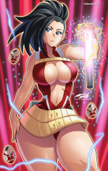 Rule 34 | 1girl, artist logo, artist name, asymmetrical hair, bare arms, bare shoulders, belt, black eyes, black hair, boku no hero academia, breasts, cleavage, closed mouth, cowboy shot, darkereve, female focus, forehead, highres, large breasts, looking to the side, matching hair/eyes, matryoshka doll, navel, ponytail, red background, sleeveless, solo, thick thighs, thighs, wide hips, yaoyorozu momo