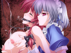 Rule 34 | 2girls, ball gag, bdsm, bondage, bound, breast lift, breasts, closed eyes, clothed female nude female, collar, cum, femdom, gag, gagged, grabbing, grabbing another&#039;s breast, grabbing from behind, groping, highres, hong meiling, izayoi sakuya, large breasts, leash, long hair, monety, multiple girls, nipples, nude, red eyes, red hair, saliva, short hair, silver hair, slave, tongue, tongue out, touhou, wiffle gag, yuri