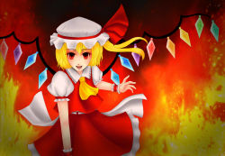 Rule 34 | 1girl, :d, applepie, ascot, bad id, bad pixiv id, blonde hair, blouse, bow, dress, fang, fiery background, fire, flandre scarlet, frilled dress, frilled skirt, frills, hat, hat bow, hat ribbon, highres, mob cap, multicolored background, open mouth, red dress, red eyes, red skirt, ribbon, shirt, side ponytail, skirt, skirt set, smile, solo, touhou, wings, wristband