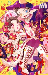 Rule 34 | 1boy, 1girl, :p, akaza (kimetsu no yaiba), animal ears, artist name, black hair, blue eyes, bonnet, boots, bow, braid, bridal gauntlets, brown hair, cat, cat ears, cross-laced footwear, daruma doll, extra ears, fingernails, floating, floral print, flower, flower-shaped pupils, frilled kimono, frills, hair flower, hair ornament, hair pulled back, hakuji (kimetsu no yaiba), hands up, high heel boots, high heels, highres, hood, hood up, hooded jacket, jacket, japanese clothes, jewelry, jiuyu0, kimetsu no yaiba, kimono, knee boots, knees up, koyuki (kimetsu no yaiba), lace-up boots, long sleeves, looking at viewer, nail polish, new year, obi, open mouth, pantyhose, petticoat, purple jacket, purple pantyhose, red bow, red flower, red kimono, red nails, ring, sash, sharp fingernails, short hair, sleeves past elbows, snow rabbit, snowflake print, spoilers, symbol-shaped pupils, tail, tail bow, tail ornament, tongue, tongue out, wedding ring, white footwear, wide sleeves, wolf ears, wolf hood, yellow background, yellow eyes