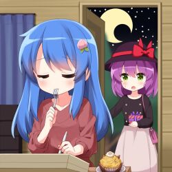 Rule 34 | 2girls, alternate costume, alternate eye color, bag, birthday, black headwear, black shirt, blue hair, bow, box, casual, closed eyes, collarbone, commentary, crescent moon, food, food-themed hair ornament, fork, gift, gift box, green eyes, hair ornament, hat, hat bow, hinanawi tenshi, holding, holding fork, holding gift, holding stylus, indoors, long hair, long sleeves, looking at another, moon, multiple girls, nagae iku, night, open mouth, peach hair ornament, purple hair, red bow, ruu (tksymkw), shirt, short hair, shoulder bag, sky, star (sky), starry sky, stylus, touhou, utensil in mouth