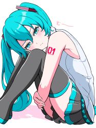 Rule 34 | 1girl, annoyed, aqua eyes, aqua hair, boots, collared shirt, commentary, dot nose, from side, furrowed brow, grey footwear, grey skirt, hair between eyes, hair ornament, hatsune miku, highres, hugging own legs, knees up, light blush, long hair, looking at viewer, miniskirt, pleated skirt, pout, shadow, shirt, sidelocks, simple background, sitting, skirt, sleeveless, sleeveless shirt, thigh boots, thighs, translated, twintails, uzuki sena, very long hair, vocaloid, white background, white shirt