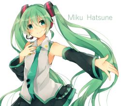 Rule 34 | 1girl, character name, detached sleeves, green eyes, green hair, hand on own chest, hatsune miku, headset, long hair, matching hair/eyes, minamiya mia, necktie, outstretched arm, simple background, skirt, smile, solo, twintails, very long hair, vocaloid, white background