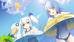 Rule 34 | 2girls, afloat, ahoge, aqua hair, bili girl 22, bili girl 33, bilibili, blue hair, bow, bubble, cloud, day, eating, floating, food, hair bow, hair ornament, hair ribbon, highres, kaka cheung, logo, long hair, multiple girls, name tag, no nose, ocean, official art, official wallpaper, one-piece swimsuit, open mouth, outdoors, palm tree, popsicle, red eyes, ribbon, school swimsuit, side ponytail, sky, swimsuit, teeth, tree, wading, water