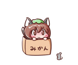 Rule 34 | &gt;:3, 1girl, :3, animal ears, box, brown eyes, brown hair, cardboard box, cat ears, cat girl, cat tail, chen, chibi, female focus, hat, maitora, mouse (animal), solo, tail, touhou, v-shaped eyebrows