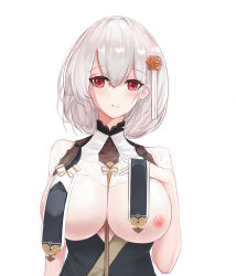 Rule 34 | 1girl, absurdres, alternate costume, azur lane, blush, breast curtain lift, breast curtains, breasts, breasts out, chenhuan wu wo, covered erect nipples, flower, hair between eyes, hair flower, hair ornament, hand on own chest, highres, large breasts, nipples, pale skin, red eyes, revealing clothes, short hair, simple background, sirius (azur lane), sirius (azure horizons) (azur lane), solo, upper body, white background, white hair