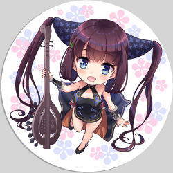 Rule 34 | 1girl, bare shoulders, black dress, blue eyes, blush, chibi, china dress, chinese clothes, detached sleeves, dress, fate/grand order, fate (series), hair ornament, highres, leaf hair ornament, long hair, looking at viewer, pipa (instrument), purple hair, side slit, sidelocks, twintails, very long hair, yang guifei (fate), yang guifei (second ascension) (fate), youshuu