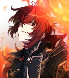 Rule 34 | 1boy, antenna hair, black coat, clenched teeth, coat, commentary request, diluc (genshin impact), fire, genshin impact, hair between eyes, long hair, looking at viewer, male focus, ponytail, red eyes, red hair, sake ha umai, simple background, solo, tassel, teeth, upper body