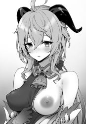 Rule 34 | ahoge, bare shoulders, bell, blush, breasts, clothes pull, clothes tug, curled horns, detached sleeves, ganyu (genshin impact), genshin impact, gloves, gohei (aoi yuugure), greyscale, horns, long hair, looking at viewer, medium breasts, monochrome, neck bell, nipples, one breast out, sidelocks, solo