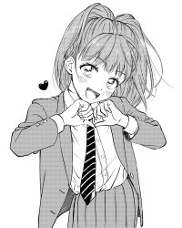 Rule 34 | 1girl, :d, absurdres, baburo, blazer, blush, collared shirt, cowboy shot, dress shirt, greyscale, head tilt, heart, heart hands, highres, jacket, long sleeves, looking at viewer, monochrome, necktie, open clothes, open jacket, open mouth, pleated skirt, ponytail, shirt, simple background, skirt, smile, solo, split ponytail, striped necktie, striped neckwear, taketomi sakurako, white background, world trigger