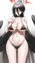 Rule 34 | 1girl, absurdly long hair, absurdres, arm behind back, bikini, black bikini, black choker, black hair, black wings, blue archive, breasts, choker, closed mouth, groin, hair between eyes, halo, hand up, hasumi (blue archive), highres, huge breasts, large wings, long bangs, long hair, mole, mole under eye, navel, red eyes, samart, simple background, smile, solo, stomach, strap gap, swimsuit, thighs, very long hair, white background, wings