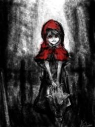 Rule 34 | 1girl, creepy, decapitation, glowing, glowing eyes, grimm&#039;s fairy tales, horror (theme), little red riding hood, little red riding hood (grimm), pale skin, red eyes, severed head, solo, white hair, wolf