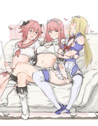 Rule 34 | 1girl, 2boys, :q, ^^^, amanda kenny, astolfo (fate), astolfo (sailor paladin) (fate), bar censor, black bow, black ribbon, blonde hair, blush, boots, bow, braid, censored, chevalier d&#039;eon (fate), closed eyes, commentary request, commission, couch, crossdressing, crossed arms, crossed legs, cum, detached sleeves, double handjob, ejaculation, elbow gloves, fang, fate/grand order, fate (series), gloves, group sex, hair bow, hair intakes, hair ribbon, handjob, heart, highres, knees apart feet together, large penis, long hair, long sleeves, looking at another, maid, maid headdress, medb (fate), mmf threesome, moaning, multiple boys, navel, official alternate costume, on couch, open mouth, penis, pink eyes, pink hair, pink skirt, pixiv commission, red sailor collar, ribbon, sailor collar, school uniform, serafuku, short sleeves, single braid, sitting, skin fang, skirt, smug, stomach, testicles, thighhighs, threesome, tiara, tongue, tongue out, trap, trembling, white footwear, white skirt, yellow eyes
