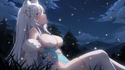 Rule 34 | 1girl, animal ear fluff, animal ears, ardenlolo, bare shoulders, blue eyes, blue leotard, breasts, cleavage, closed mouth, cloud, commentary request, commission, forest, fox ears, fox girl, grass, highres, large breasts, leotard, looking up, nature, night, night sky, original, outdoors, sitting, sky, solo, thighhighs, white thighhighs