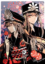 Rule 34 | 1boy, 1girl, brother and sister, brown hair, candy apple, closed mouth, dated, fate/grand order, fate (series), fireworks, floral print, food, hat, highres, holding, japanese clothes, kimono, long hair, long sleeves, looking at viewer, obi, oda nobukatsu (fate), oda nobunaga (fate), oda nobunaga (koha-ace), peaked cap, red eyes, rioka (southern blue sky), sash, siblings, smile, standing, summer festival, twitter username, wristband