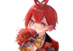 Rule 34 | 1boy, antenna hair, bouquet, eyelashes, flower, looking at viewer, male focus, mochigome 138, red flower, red hair, riddle rosehearts, smile, solo, twisted wonderland, upper body, vest, white background, yellow neckwear