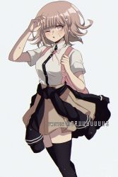 Rule 34 | 1girl, animal bag, arm up, backpack, bag, black jacket, black thighhighs, blush, breasts, brown hair, brown skirt, cat bag, clothes around waist, collared shirt, commentary, criis-chan, danganronpa (series), danganronpa 2: goodbye despair, dress shirt, feet out of frame, flipped hair, hair ornament, hairclip, hood, jacket, jacket around waist, large breasts, looking at viewer, nanami chiaki, neck ribbon, necktie, one eye closed, pink eyes, pink hair, pink ribbon, pleated skirt, ribbon, shirt, short hair, short sleeves, simple background, skirt, solo, sweat, symbol-only commentary, thighhighs, twitter username, white background, white shirt, zettai ryouiki