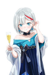 Rule 34 | 1girl, admiral graf spee (a novel anniversary) (azur lane), admiral graf spee (azur lane), alcohol, azur lane, blue eyes, blunt bangs, blush, breasts, champagne, champagne flute, choker, cup, dress, drinking glass, earrings, formal, highres, jewelry, looking at viewer, multicolored hair, red hair, shawl, short hair, sidelocks, silver hair, small breasts, smile, solo, streaked hair, tuchinokoeffect