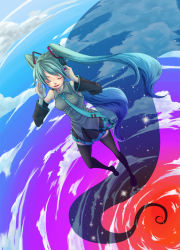 Rule 34 | 1girl, 69 (piapro), aqua hair, cloud, day, detached sleeves, closed eyes, female focus, from above, full body, hatsune miku, headphones, headset, legs, long hair, necktie, outdoors, skirt, sky, smile, solo, star (symbol), thighhighs, twintails, very long hair, vocaloid, zettai ryouiki