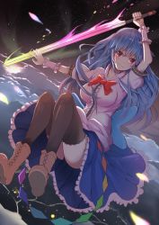 Rule 34 | 1girl, alternate breast size, arm up, black thighhighs, blue hair, blue skirt, boots, brown footwear, floating hair, frilled skirt, frills, full body, green neckwear, highres, hinanawi tenshi, holding, holding sword, holding weapon, long hair, looking at viewer, medium skirt, ooru (t20nozomu), outdoors, outstretched arm, red eyes, shirt, short sleeves, skirt, sky, smile, solo, star (sky), starry sky, sword, thighhighs, touhou, very long hair, weapon, white shirt
