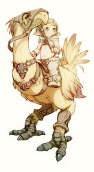 Rule 34 | 10s, 1girl, blonde hair, chocobo, crop top, feral lemma, final fantasy, final fantasy xiv, grey eyes, highres, lalafell, midriff, navel, pointy ears, saddle, short hair, thighhighs, warrior of light (ff14)