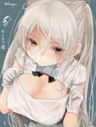 Rule 34 | 1girl, akino shuu, blush, breasts, brown eyes, cleavage, closed mouth, conte di cavour (kancolle), conte di cavour nuovo (kancolle), dress, gloves, grey background, kantai collection, large breasts, long hair, simple background, solo, twitter username, upper body, white dress, white gloves, white hair
