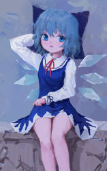 Rule 34 | 1girl, :d, absurdres, arm behind head, arm up, blue background, blue dress, blue eyes, blue hair, blue theme, cirno, dress, feet out of frame, hair between eyes, highres, legs together, long sleeves, looking at viewer, neck ribbon, open mouth, red ribbon, reddizen, ribbon, shirt, short dress, short hair, sitting, smile, solo, touhou, white shirt, wings