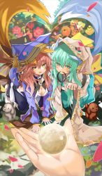 Rule 34 | 2girls, all fours, alternate costume, animal ears, aqua hair, bell, blue hoodie, blush, breasts, card (medium), choker, cleavage, collar, craft essence (fate), dog, fate/grand order, fate (series), female focus, flower, food, fox ears, fox girl, fox tail, fruit, green hair, green hoodie, hair between eyes, hood, hoodie, horns, japanese clothes, kiyohime (fate), light, long hair, looking at viewer, mouth hold, multicolored eyes, multiple girls, obi, official art, open mouth, orange eyes, orb, outdoors, paw pose, peach, pet play, pink hair, red hair, sash, shino (eefy), sidelocks, smile, sunlight, tail, tamamo (fate), tamamo no mae (fate/extra), thighhighs, yellow eyes