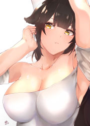 Rule 34 | 1girl, absurdres, alternate costume, arm up, azur lane, bad id, bad pixiv id, black hair, bow, breasts, chiru (218mg), cleavage, dated, hair bow, hand in own hair, highres, impossible clothes, impossible shirt, large breasts, long hair, shirt, sideways glance, signature, simple background, solo, takao (azur lane), upper body, white background, white shirt, yellow eyes