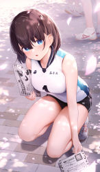 Rule 34 | 3girls, absurdres, black shorts, blue eyes, blush, bob cut, breasts, brown hair, cherry blossoms, commentary request, dappled sunlight, gym shorts, highres, holding, holding paper, looking at viewer, medium breasts, multiple girls, open mouth, original, out of frame, paper, picking up, revision, shadow, shirt, shoes, short hair, short socks, shorts, sneakers, sportswear, squatting, sunlight, thighs, translation request, vegetablenabe, volleyball uniform, white footwear, white shirt